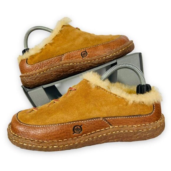 BORN Mohawk Shearling Winter Clogs Slippers Brown Suede / Leather Women's 5 - Picture 1 of 10